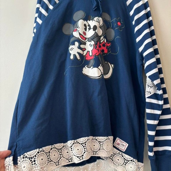 Disney Hoodie Navy Blue Stripe Embroidered Hem Minnie Mickey love - XXLarge - Picture 3 of 8
